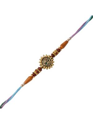 gold plated om designer rakhi with roli chawal & raksha bandhan card 2