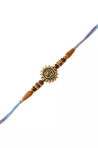 gold plated om designer rakhi with roli chawal & raksha bandhan card