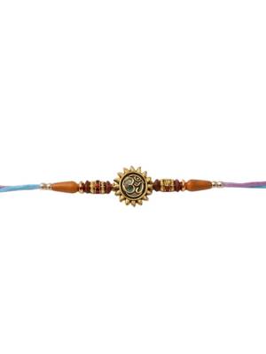 gold plated om designer rakhi with roli chawal & raksha bandhan card 3
