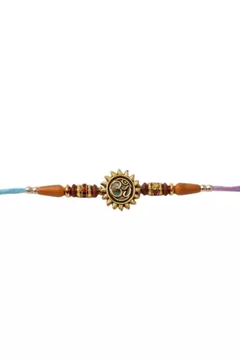 gold plated om designer rakhi with roli chawal & raksha bandhan card