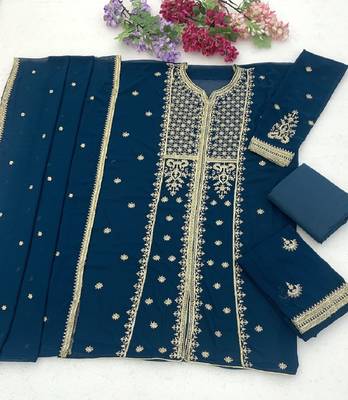 Teal zari work straight kurta with bottom & scallop dupatta set 4