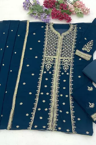 Teal zari work straight kurta with bottom & scallop dupatta set