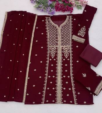 Maroon zari work straight kurta with bottom & scallop dupatta set 4