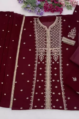 Maroon zari work straight kurta with bottom & scallop dupatta set