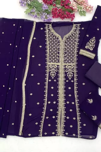 Jambli purple zari work straight kurta with bottom & scallop dupatta set