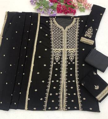 Balck zari work straight kurta with bottom & scallop dupatta set 4