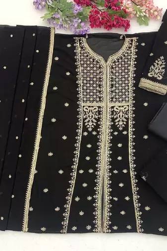 Balck zari work straight kurta with bottom & scallop dupatta set