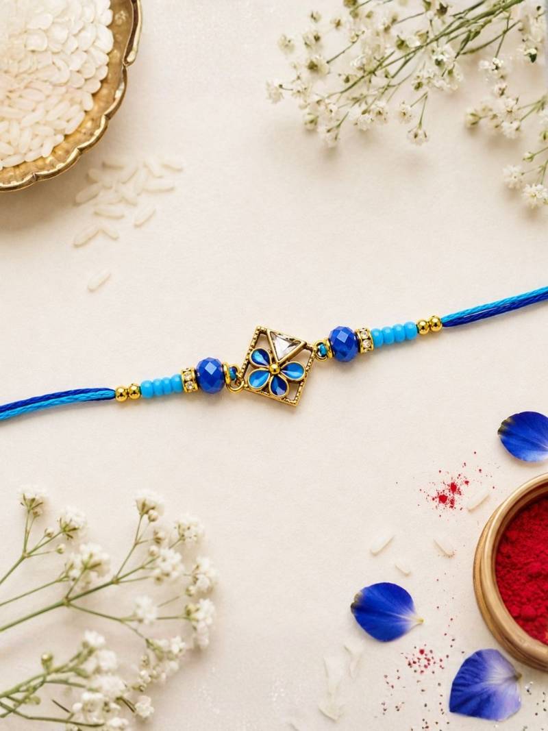 traditional floral designer rakhi with roli chawal & raksha bandhan card