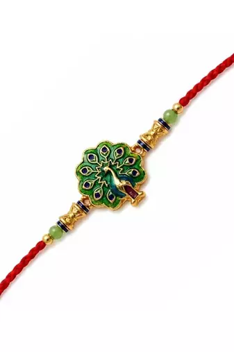 traditional peacock designer rakhi with roli chawal & raksha bandhan card