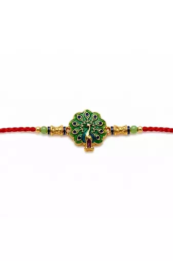traditional peacock designer rakhi with roli chawal & raksha bandhan card