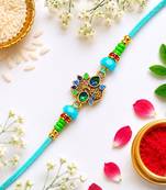 peacock designer rakhi with roli chawal & raksha bandhan card for brother