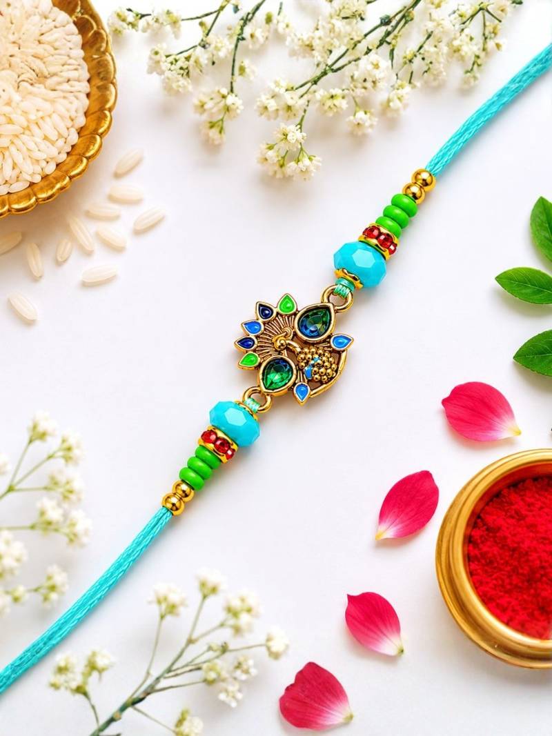 peacock designer rakhi with roli chawal & raksha bandhan card for brother