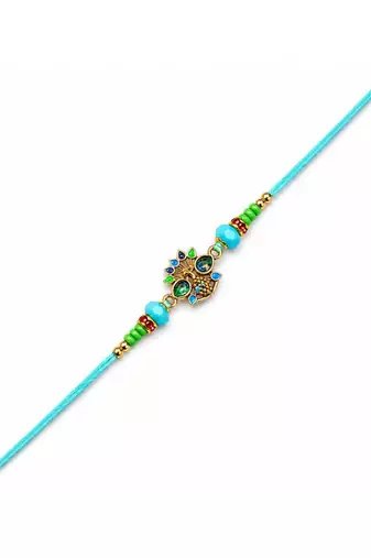 peacock designer rakhi with roli chawal & raksha bandhan card for brother