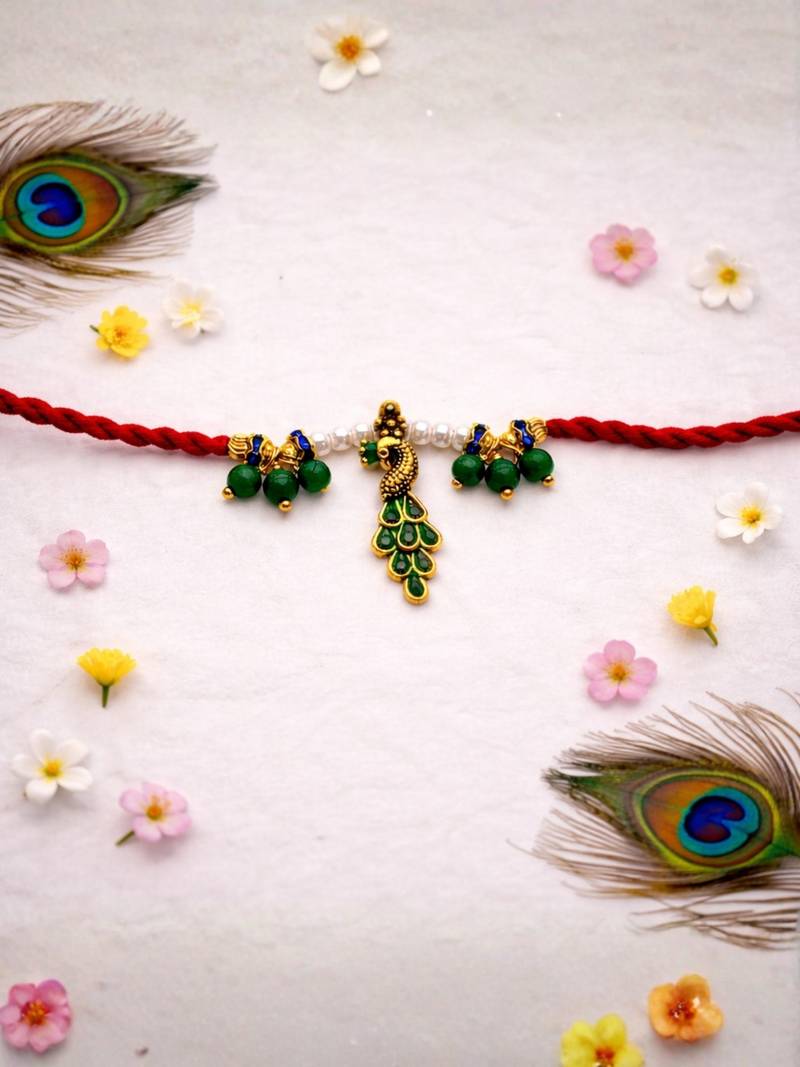 peacock designer rakhi with roli chawal & raksha bandhan card for brother