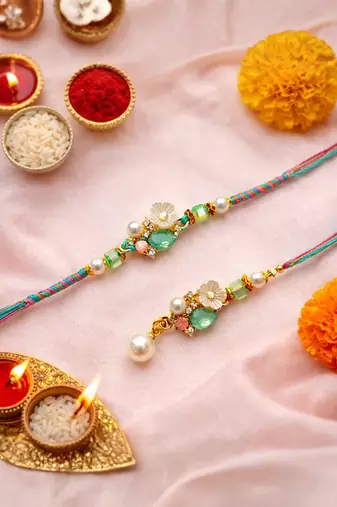 bhaiya bhabhi rakhi combo with lumba rakhi,roli chawal & raksha bandhan card