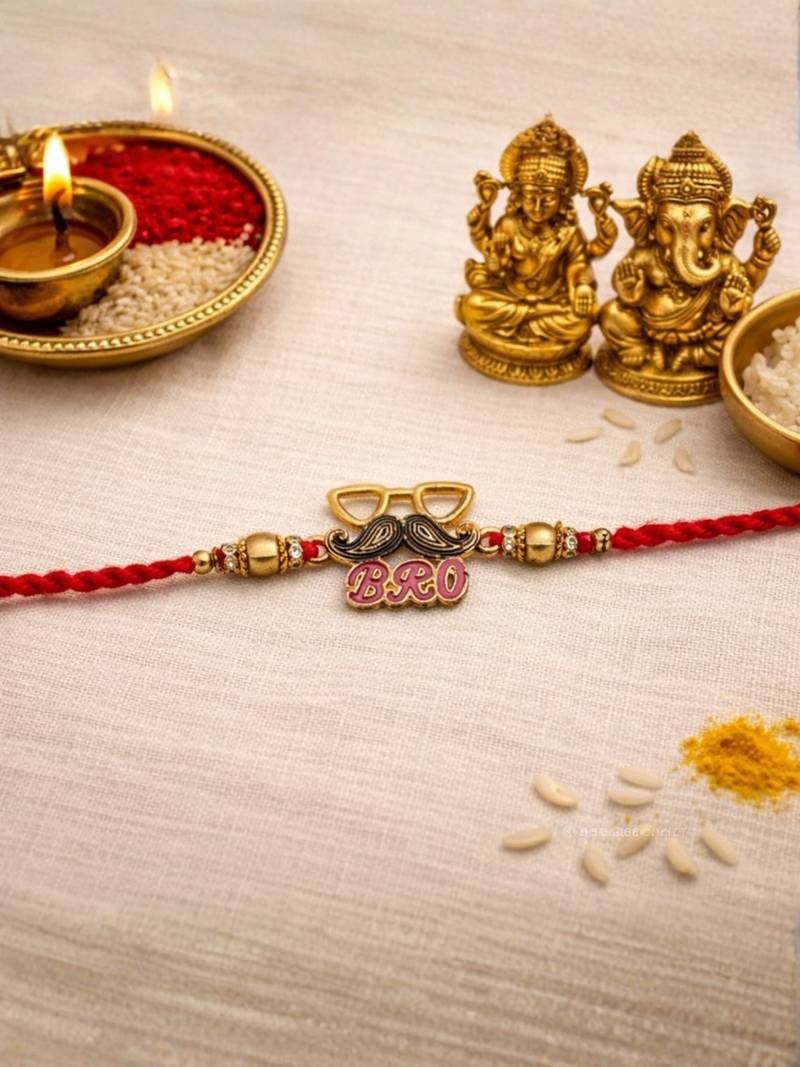 bro designer rakhi with roli chawal & raksha bandhan card for brother