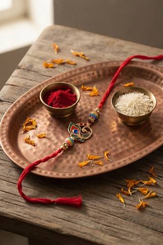peacock designer rakhi with roli chawal & rakshabandhan card