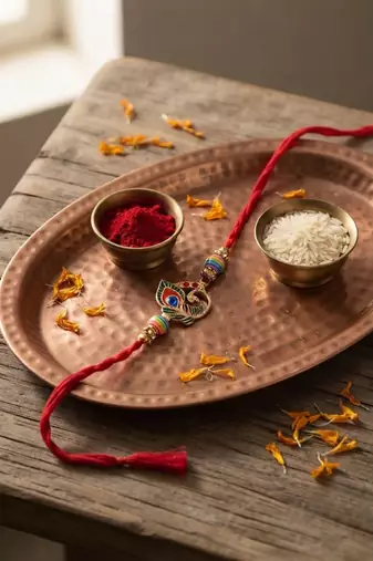 peacock designer rakhi with roli chawal & rakshabandhan card