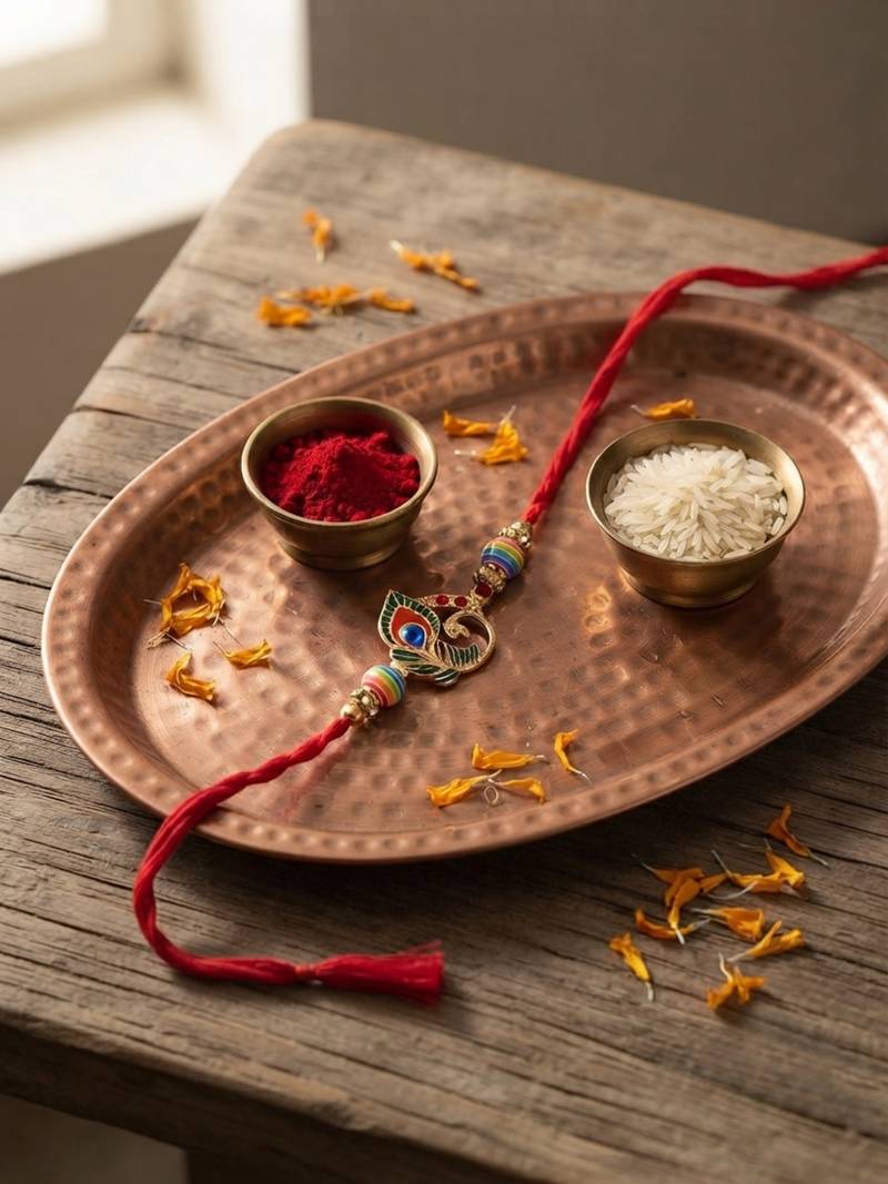 peacock designer rakhi with roli chawal & rakshabandhan card