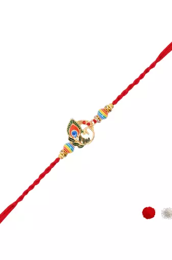 peacock designer rakhi with roli chawal & rakshabandhan card