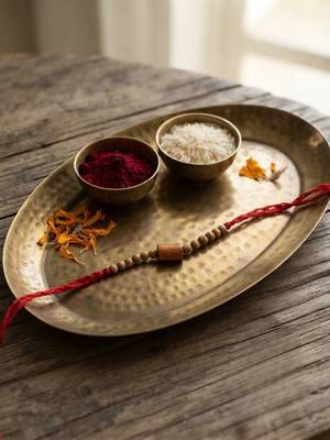 wooden bead thread rakhi with roli chawal & rakshabandhan card 1