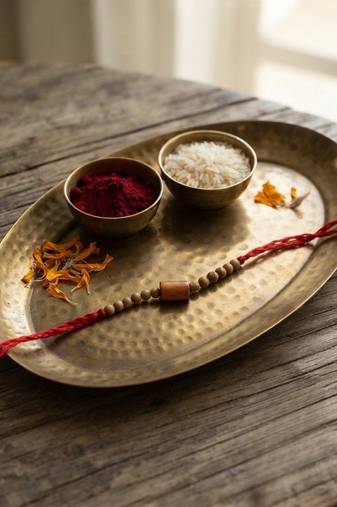 wooden bead thread rakhi with roli chawal & rakshabandhan card