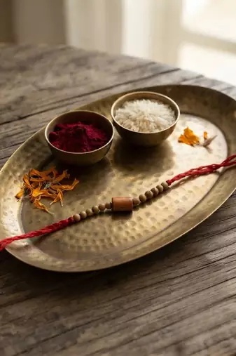 wooden bead thread rakhi with roli chawal & rakshabandhan card