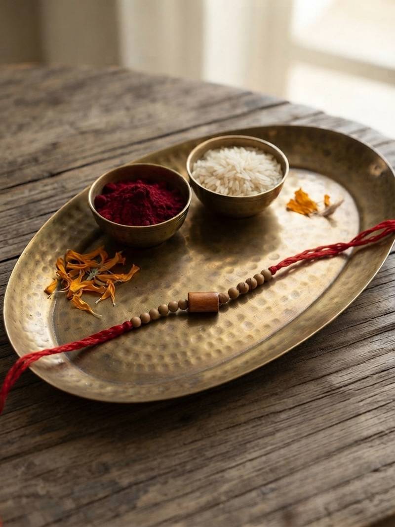 wooden bead thread rakhi with roli chawal & rakshabandhan card