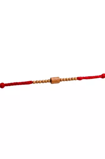 wooden bead thread rakhi with roli chawal & rakshabandhan card