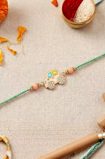 kids car charm thread rakhi with roli chawal & rakshabandhan card