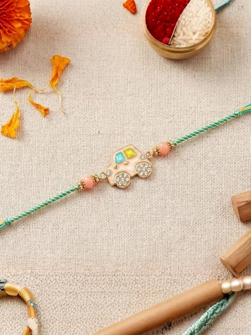 kids car charm thread rakhi with roli chawal & rakshabandhan card