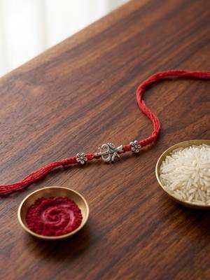 om trishul charm thread rakhi with roli chawal & rakshabandhan card 1