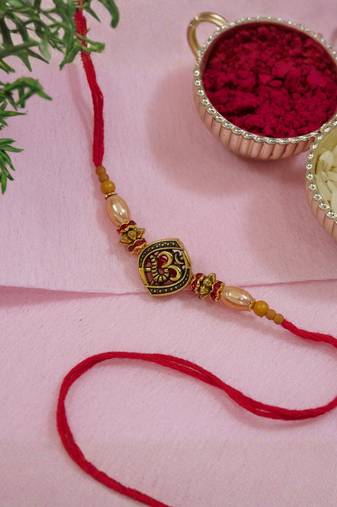 om design bead rakhi with roli chawal & rakshabandhan card