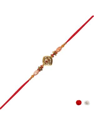 om design bead rakhi with roli chawal & rakshabandhan card 2