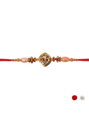 om design bead rakhi with roli chawal & rakshabandhan card 3