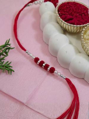 pom pom & pearl bead thread rakhi with roli chawal & rakshabandhan card 1