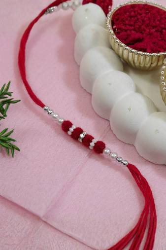 pom pom & pearl bead thread rakhi with roli chawal & rakshabandhan card