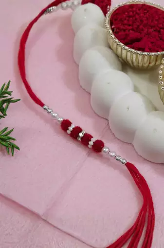 pom pom & pearl bead thread rakhi with roli chawal & rakshabandhan card