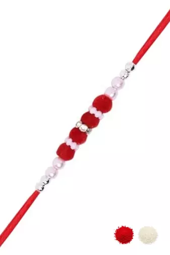 pom pom & pearl bead thread rakhi with roli chawal & rakshabandhan card