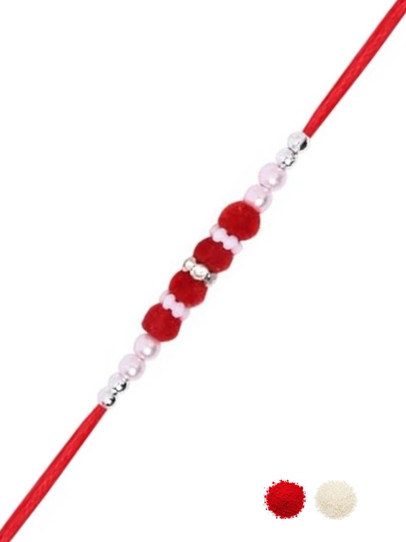 pom pom & pearl bead thread rakhi with roli chawal & rakshabandhan card