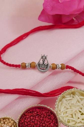 oxidized shiva trishul rakhi with roli chawal & rakshabandhan card