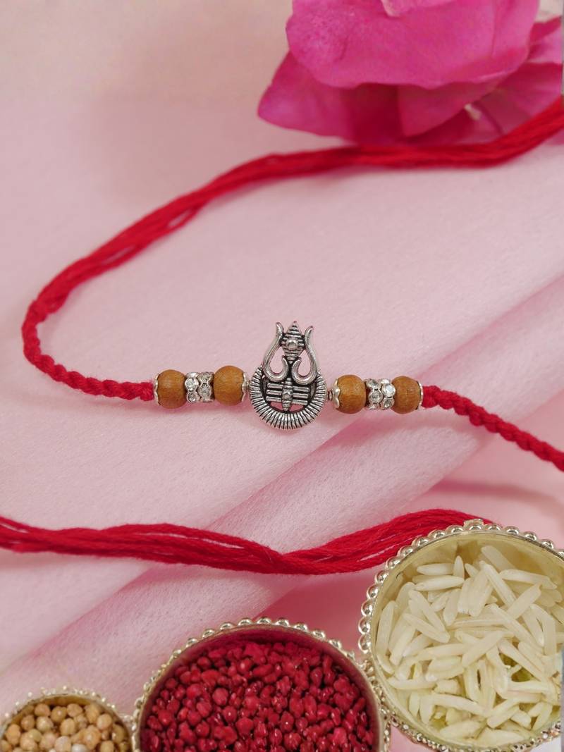 oxidized shiva trishul rakhi with roli chawal & rakshabandhan card