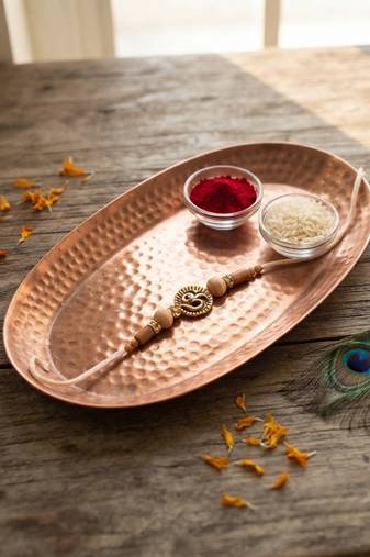 om design & wooden bead rakhi with roli chawal & rakshabandhan card