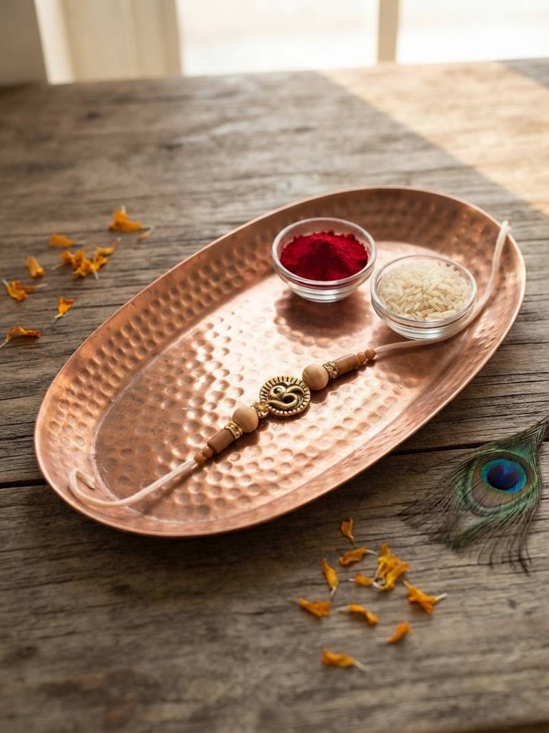 om design & wooden bead rakhi with roli chawal & rakshabandhan card