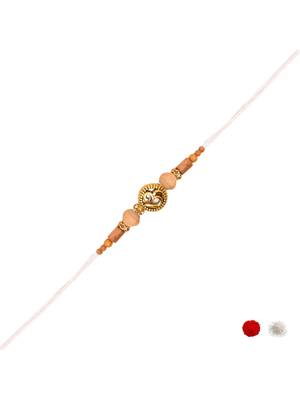 om design & wooden bead rakhi with roli chawal & rakshabandhan card 2