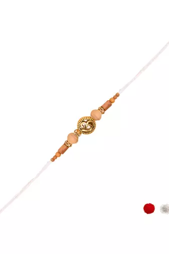 om design & wooden bead rakhi with roli chawal & rakshabandhan card