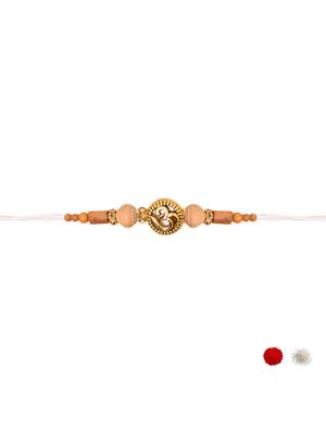 om design & wooden bead rakhi with roli chawal & rakshabandhan card 3