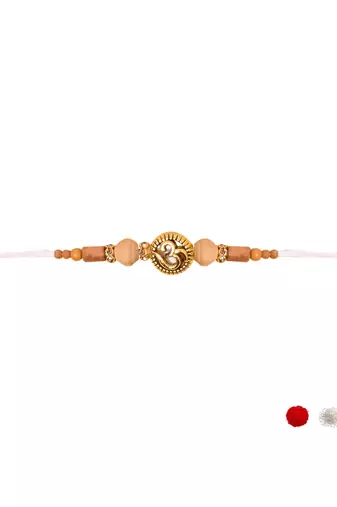 om design & wooden bead rakhi with roli chawal & rakshabandhan card