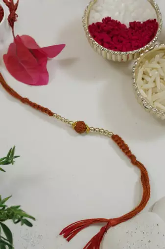 rudraksha bead rakhi with roli chawal & rakshabandhan card
