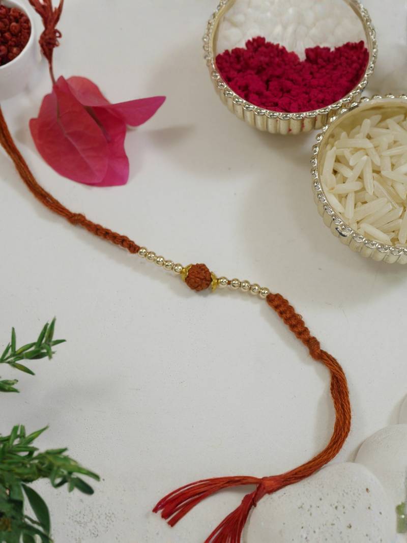 rudraksha bead rakhi with roli chawal & rakshabandhan card